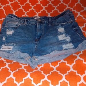 Wax Jean Distressed Blue Denim Shorts with Rolled Hem